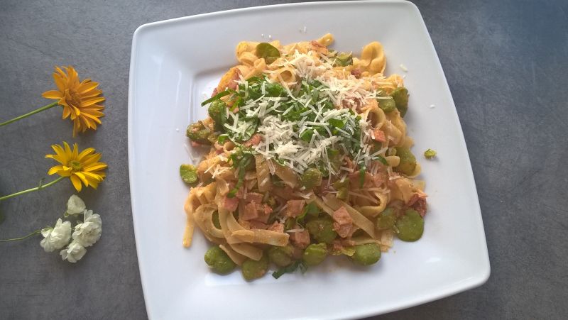 Tagliatelle z bobem, boczkiem bazylią i parmezanem