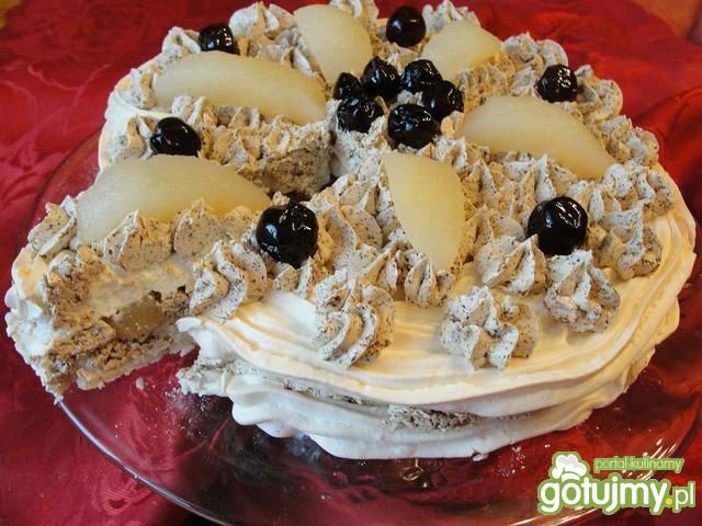 Tort Pavlova z kremem kawowym, gruszkami