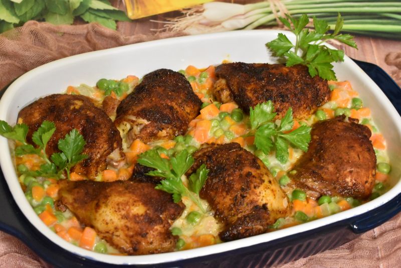 Udka pieczone w marchewce i groszku