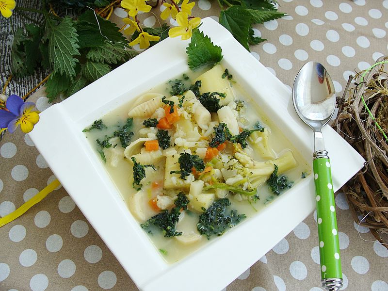 Wiosenna jarzynowa z prażonymi pokrzywami Wiosenna jarzynowa z prażonymi pokrzywami