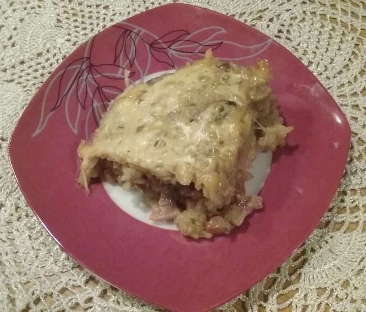 Zapiekanka ryżowa z pieczarkami i boczkiem Zapiekanka ryżowa z pieczarkami i boczkiem