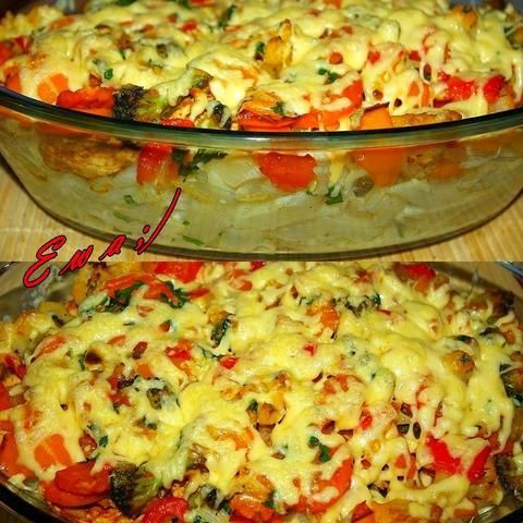 Zapiekanka z makaronem,kurczakiem i warz