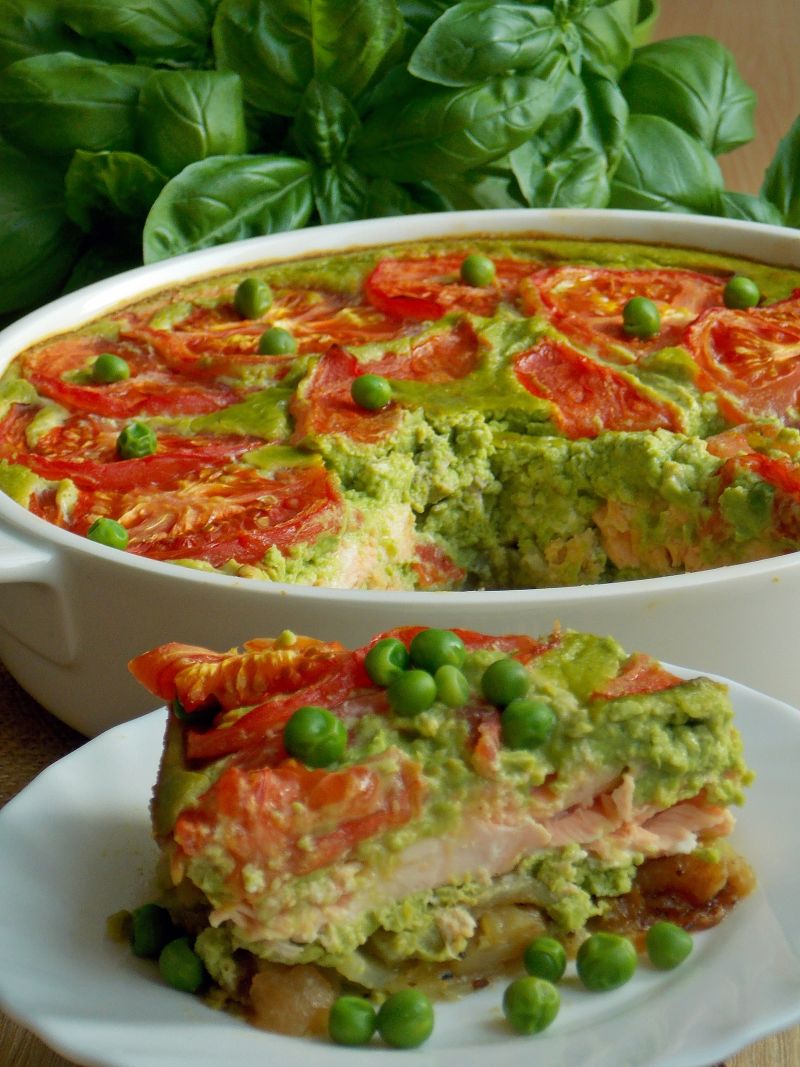 Zapiekany łosoś z zielonym groszkiem Zapiekany łosoś z zielonym groszkiem