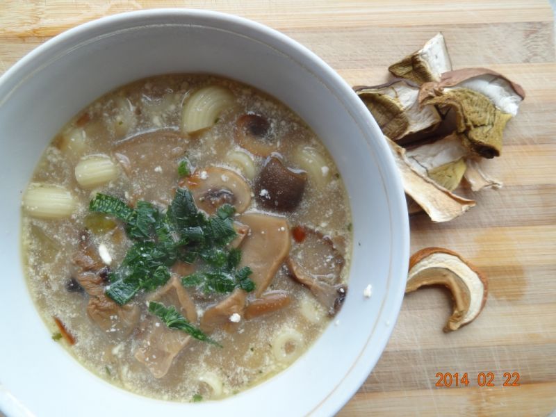 Zupa z suszonych leśnych grzybów i pieczarek