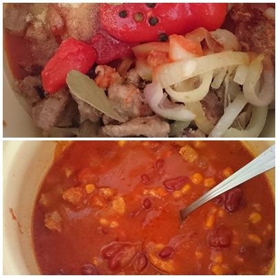 Gulasz wieprzowy z pomidorami, fasolką i kukurydzą