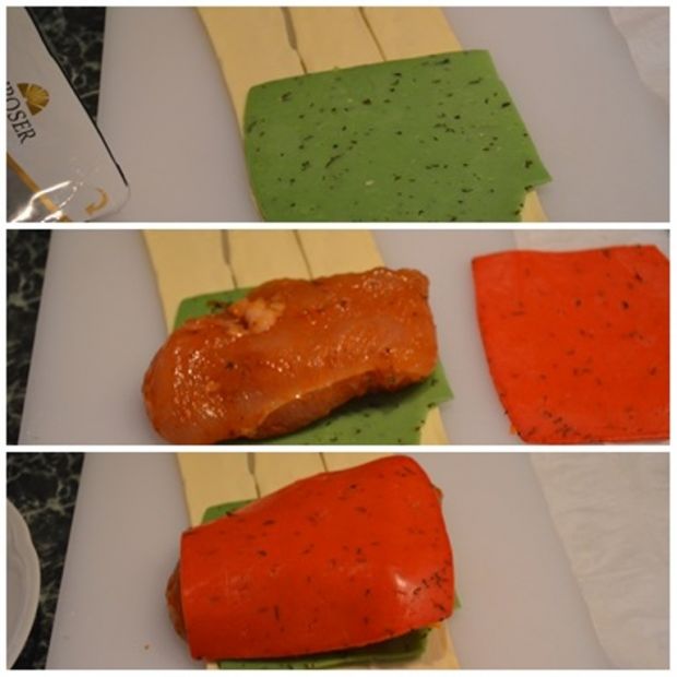 Kolorowe paczuszki z filetem i serem pesto