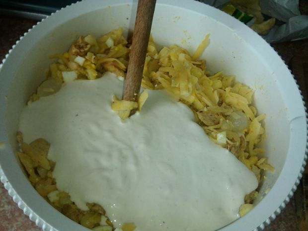 Sałatka gyros z serem, cebulkam i sosem chrzanowym