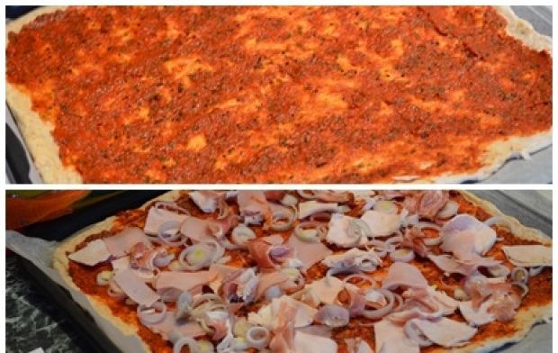 Pizza z czarnuszką szalotką i szynką 